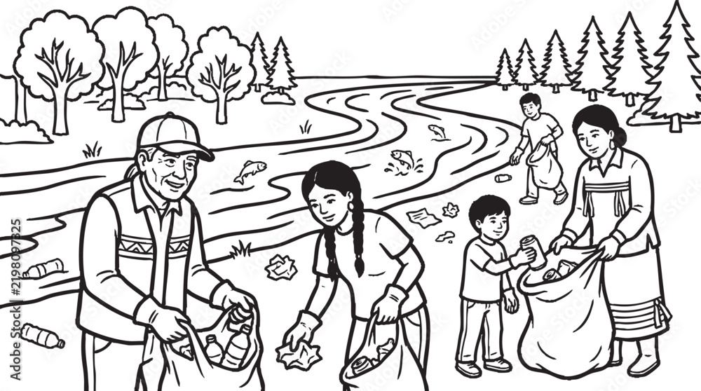 Obraz premium Family of four planting small trees together in a field during the spring season as a community environmental project Vector