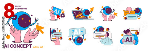 People interacting with assistants during digital business activity. Ai machines support communication and creative work, problem solving and professional collaboration. Vector advanced technology