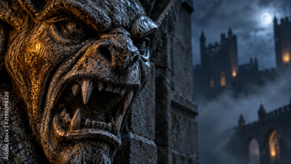 Obraz premium Stone gargoyle sits menacingly on a castle parapet at night. A mysterious, gothic castle with glowing windows stands in the background. The scene evokes dark fantasy, horror, and medieval themes