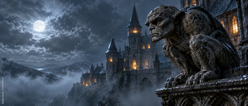 Obraz premium Stone gargoyle sits menacingly on a castle parapet at night. A mysterious, gothic castle with glowing windows stands in the background. The scene evokes dark fantasy, horror, and medieval themes