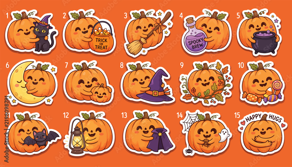 Fototapeta premium Collection of illustrated pumpkins with halloween elements and cheerful expressions autumn