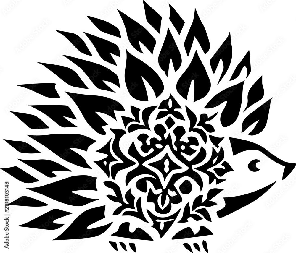 Obraz premium SVG cute animal tattoo design, clean vector style. Artistic Black and White Hedgehog Design with Intricate Patterns