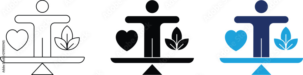 Obraz premium Health and nature balance icon set featuring a person weighing a heart and leaves on a scale, minimal symbols for holistic wellness and eco-friendly lifestyles in outline, solid, and duotone styles.