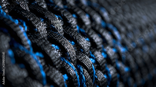 Macro shot of black and blue braided nylon rope under dramatic studio lighting. Ideal for technical backgrounds and industrial hardware concepts.
