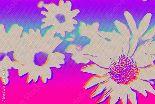 Abstract pop art halftone dot pattern with flat graphic floral silhouettes on a split pink and purple background. Suits 2000s retro cosmetic branding and fashion poster design.