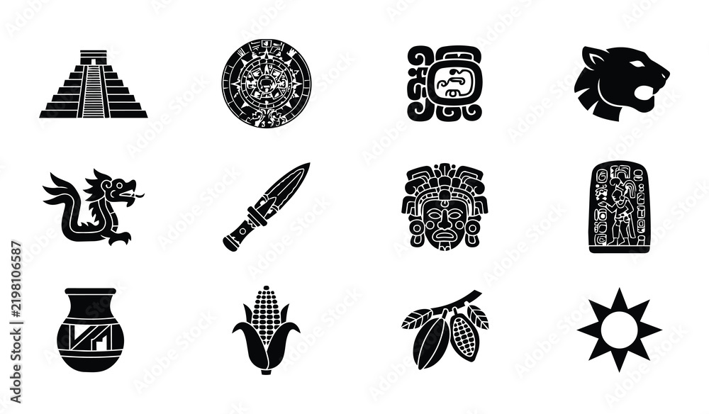 Fototapeta premium Ancient Mesoamerican Icons: Mayan Calendar, Jaguar, Pyramid, Sun, Corn, Dragon, Artifacts