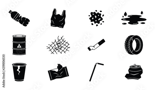 Принти на полотні Environmental Pollution Icons: Plastic Bottle, Bag, Oil Spill, Barrel, Cigarette