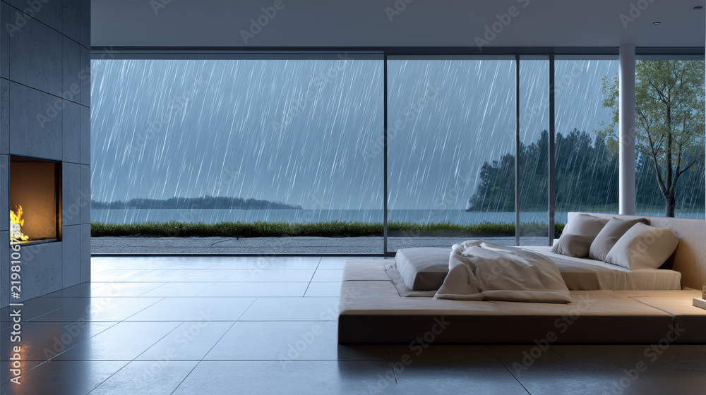 Fototapeta premium Modern bedroom with panoramic window, cozy bed, fireplace, rainy weather, serene lake view, minimalist interior, peaceful mood