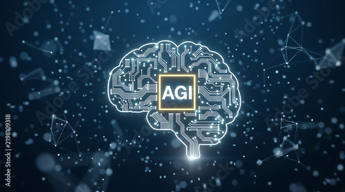 Artificial General Intelligence AGI Era Concept. AGI Digital Brain Hologram copy space