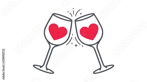 Two wine glasses clinking with red heart shapes illustration