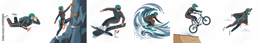 Obraz premium Collection of extreme sports illustrations featuring skydiving, rock climbing, snowboarding, surfing, BMX biking, and wingsuit flying in a modern graphic style.