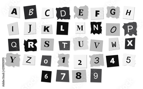 Fotografie Alphabet letters and digits are depicted on torn paper squares in grayscale tones, arranged in rows against a solid transparent background to simulate a ransom note