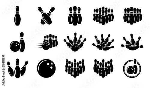 Bowling Pins and Ball Black Silhouette Icon Set for Bowling Sport Game Equipment and Vector Illustration