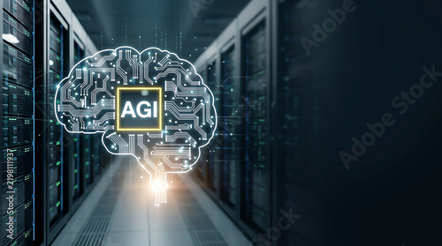 Artificial General Intelligence AGI Era Concept. AGI Digital Brain Hologram copy space