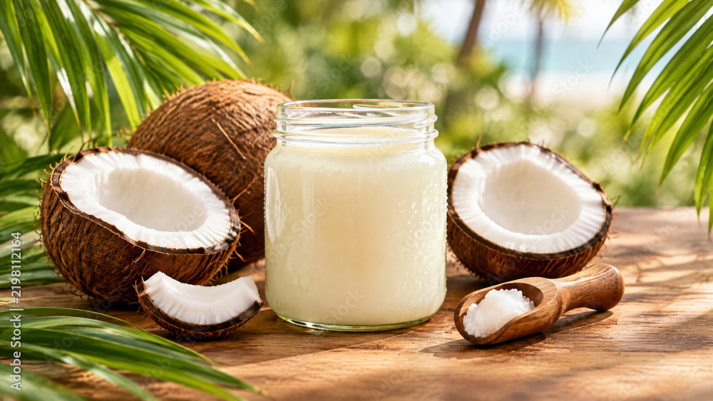 Obraz premium Glass jar of organic coconut oil with fresh coconut halves and palm leaves on a wooden table outdoors