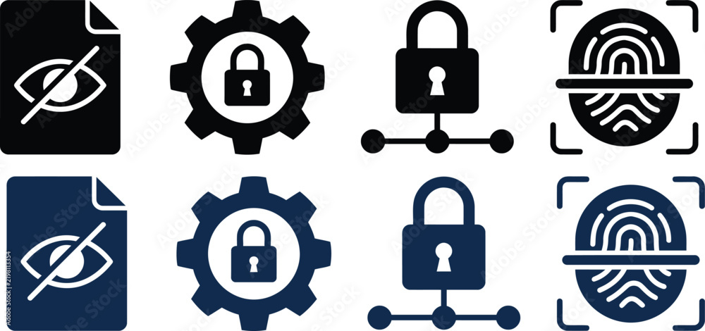 Fototapeta premium Security and privacy flat icons set with eye lock gear and fingerprint symbols on white background