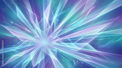 A vibrant, abstract digital artwork featuring a star-like structure composed of blue and purple geometric shapes, 