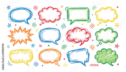 A collection of colorful hand drawn speech bubbles and thought clouds isolated on white background as a creative vector illustration set design