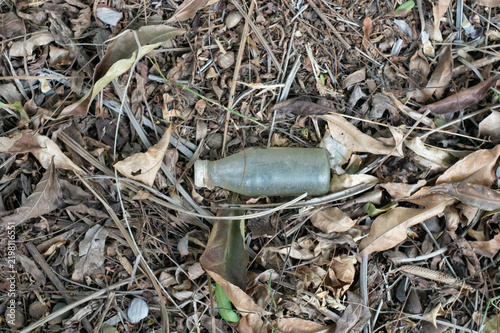 Obraz na plátně Top View Close Up of Old Discarded Glass Bottle Littering on Dry Leaves Ground