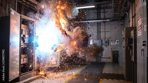 Dangerous electrical arc flash explosion occurring inside an industrial power distribution room