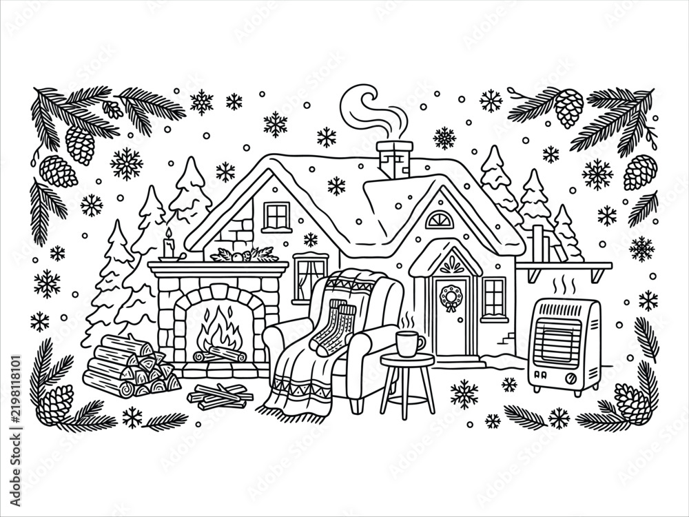 Fototapeta premium Cozy winter cabin scene with fireplace and armchair sketch
