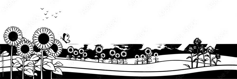 Obraz premium Sunflowers Meadow Line Art Illustration, Botanical Design, Black and White Vector Graphic, Nature Landscape Concept.