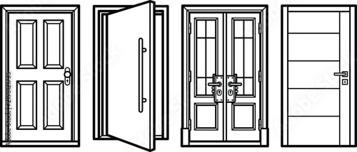 Modern and classic front door line icon set featuring open closed wooden double entryways and vector illustrations