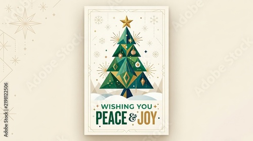 Minimalist geometric christmas tree illustration with peace and joy message