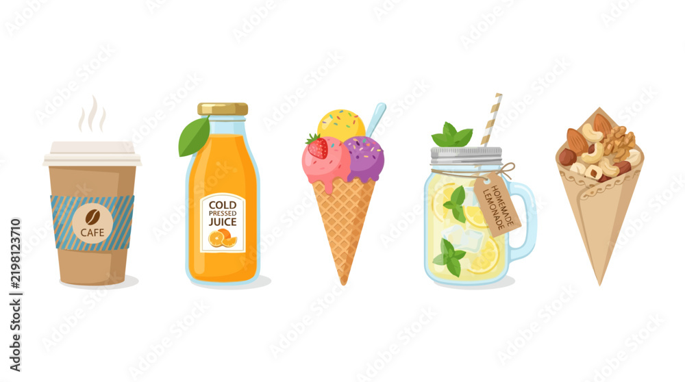 Fototapeta premium Summer food and drink vector set, cold pressed juice and takeaway coffee icons, ice cream cone and healthy snacks collection for cafe menu