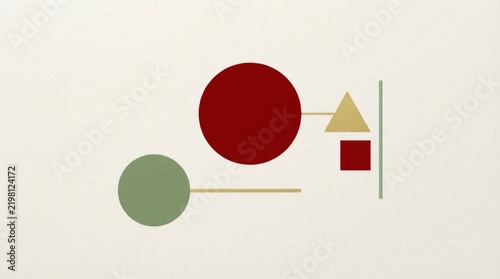 A minimalist abstract composition featuring a red circle, a green circle, a yellow triangle, and a red square on a white background.