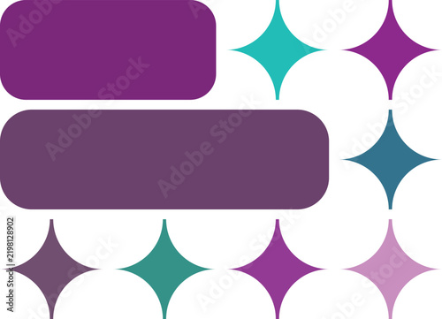 Abstract geometric pattern with rounded purple rectangles and colorful fourpointed stars