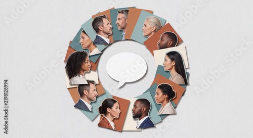 diverse adult profile fragments surround speech bubble to represent multicultural participation, inclusive workplace communication, and shared team perspectives