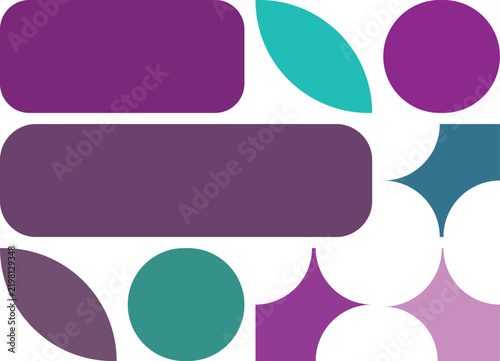 Abstract geometric pattern with colorful shapes including circles, rectangles, and stylized leaves