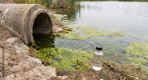 green algae collects beside pond drainage inlet and sampling bottle to illustrate runoff monitoring, freshwater quality investigation, and ecosystem protection