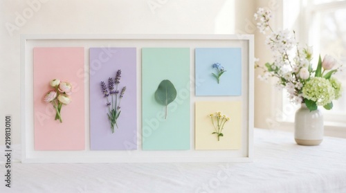 A colorful framed picture with pastel-colored paper and dried flowers, placed on a white tablecloth with a vase of white flowers in the background.