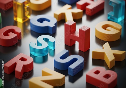 Colorful 3D Letters Scattered on Dark Surface