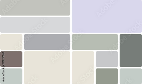 A collection of various rectangular color swatches in shades of gray, beige, muted green, and soft lavender arranged in a modern geometric pattern