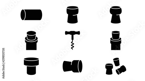 Wine cork and corkscrew black vector icons set isolated on a white background