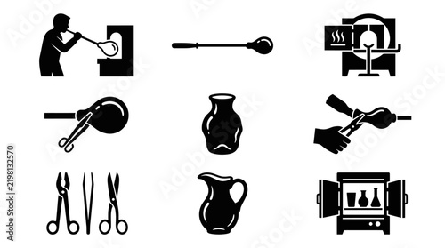 Glass blowing icons set showing artisanal craft process tools and equipment