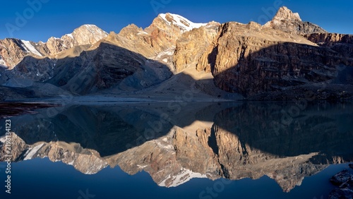 Fotografie Mirror Reflection of Rocky Peaks in Mutnye Lakes, Fann Mountains, Tajikistan