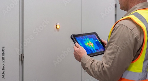 electrical supervisor reviews thermal inspection image beside closed cabinet to assess equipment condition, prioritize preventive service, and maintain facility records