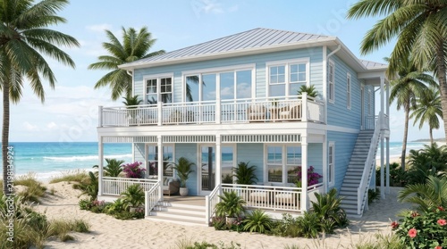 A two-story beach house with a light blue exterior, white railings, and a glass front, situated on a sandy beach with palm trees in the background.