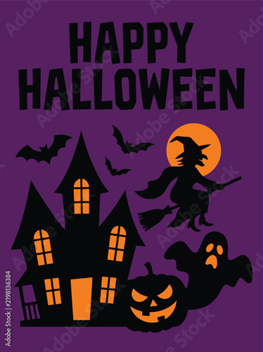 Silhouette-style Halloween design on a purple background. 
