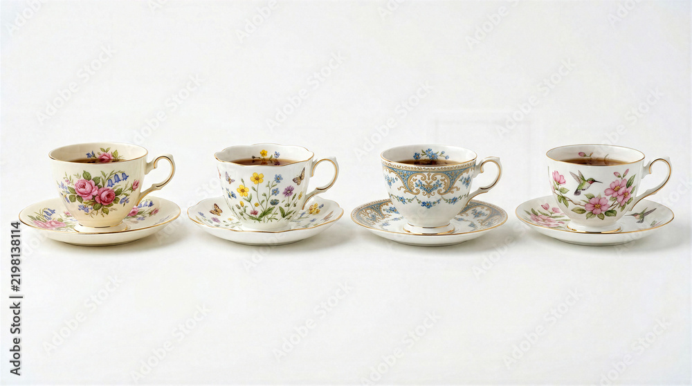 Fototapeta premium Four elegant vintage porcelain teacups with delicate floral patterns on a clean white background