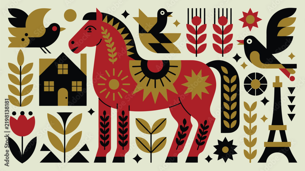 Obraz premium Folk art style illustration featuring a dala horse, birds, a house, wheat stalks, and the eiffel tower in a decorative scandinavian inspired design