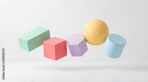 A collection of geometric shapes floating in mid-air against a plain white background.