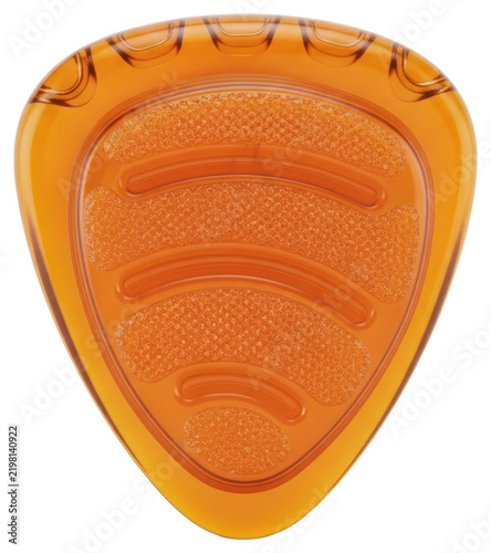 Orange amber guitar pick with textured grip surface isolated on transparent