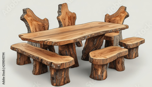 Wooden dining table set against a white background.