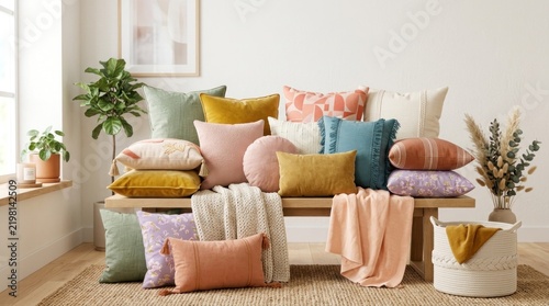 A variety of colorful pillows and cushions arranged on a wooden bench in a modern, minimalist setting with a window and plants in the background.