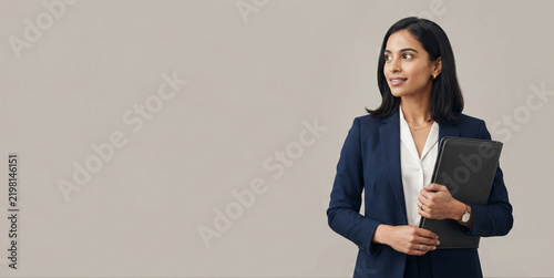 Woman Holding Folder Against Neutral Background